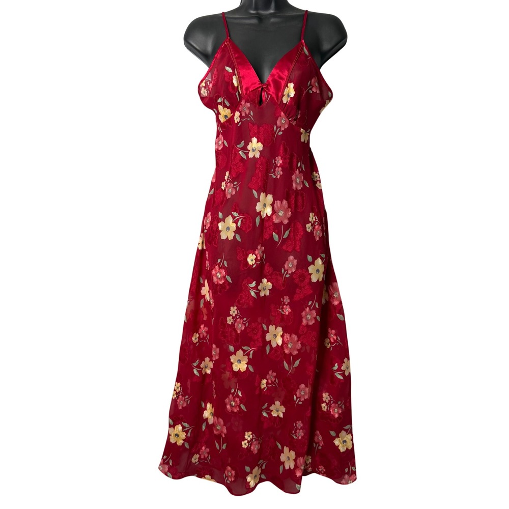 Vintage Secret Treasures Flora Satin Midi Slip Dress Womens S Red Sheer 2000s